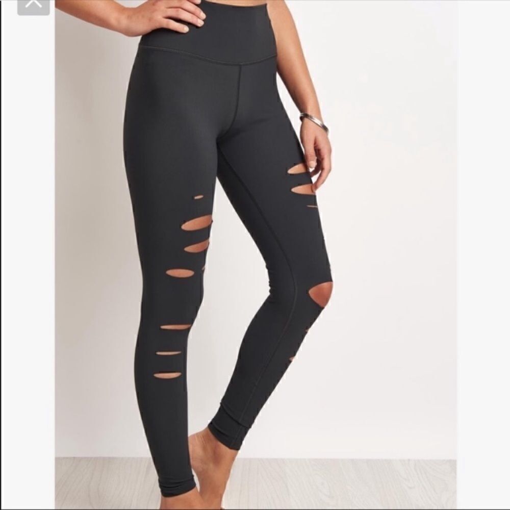 Alo Yoga Warrior Distressed Hi Waist Rise Leggings Gray XS